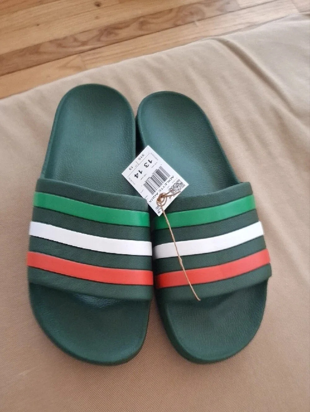 adidas Adilette Aqua Slide Sandals in Green with Red and White Stripes